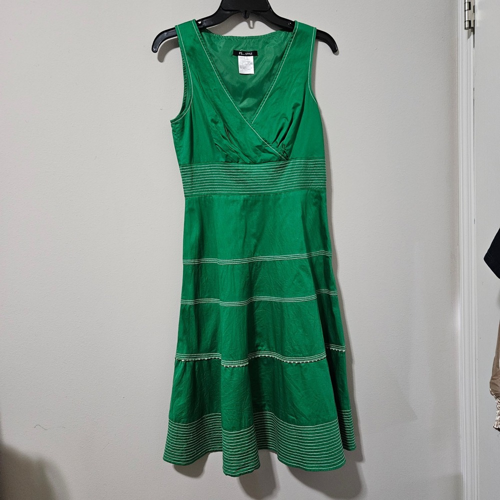 PS Style Womens Green Cotton V-Neck‎ Tiered Midi Dress White Contrast Stitch 6